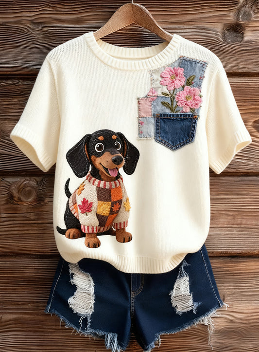 Top à manches courtes en tricot confortable imprimé animal artistique pour femmes