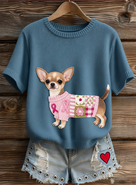 Top à manches courtes en tricot confortable imprimé animal artistique pour femmes
