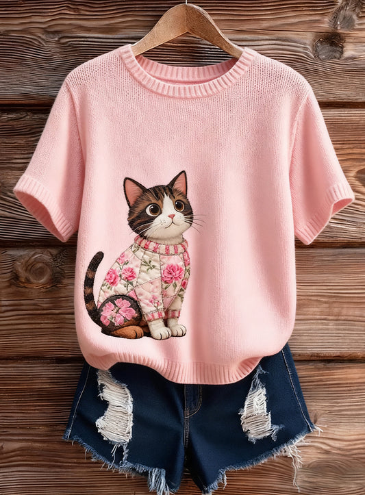 Top à manches courtes en tricot confortable imprimé animal artistique pour femmes
