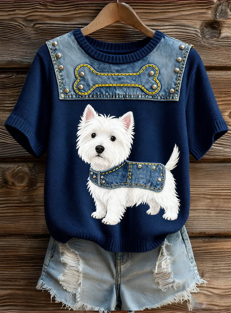 Top à manches courtes en tricot confortable imprimé animal artistique pour femmes