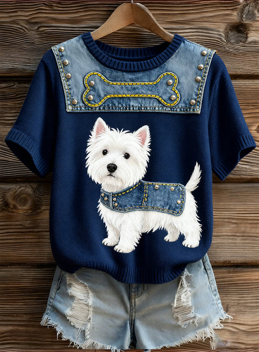 Top à manches courtes en tricot confortable imprimé animal artistique pour femmes
