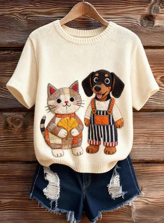 Top à manches courtes en tricot confortable imprimé animal artistique pour femmes