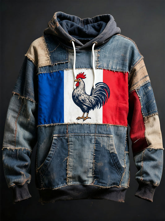 Chandail à capuchon surdimensionné avec poches Drapeau Français Le Coq Gaulois Homme
