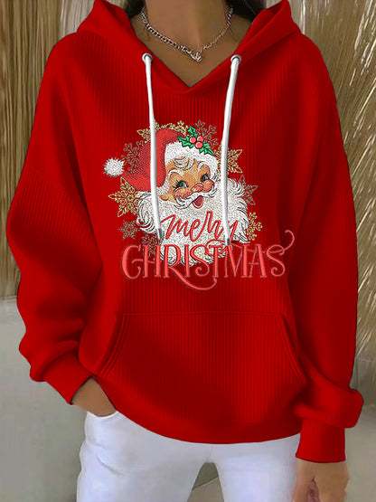 Sweat à Capuche Côtelé à Imprimé Père Noël pour Femme