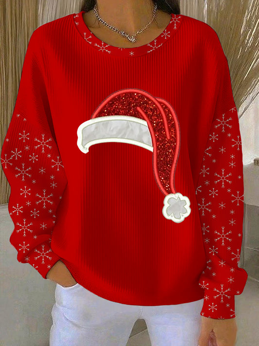 Sweat-shirt à Col Rond Côtelé Imprimé Chapeau de Père Noël Femme