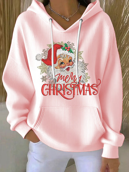 Sweat à Capuche Côtelé à Imprimé Père Noël pour Femme