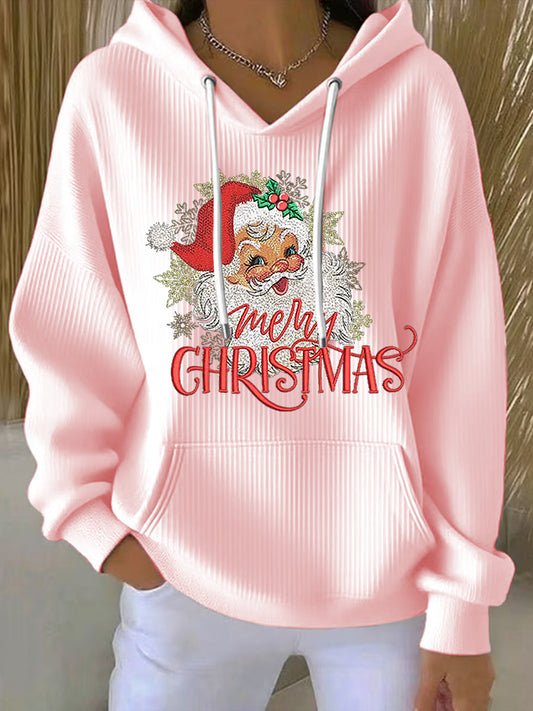 Sweat à Capuche Côtelé à Imprimé Père Noël pour Femme