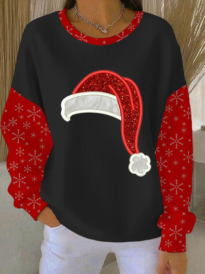 Sweat-shirt à Col Rond Côtelé Imprimé Chapeau de Père Noël Femme