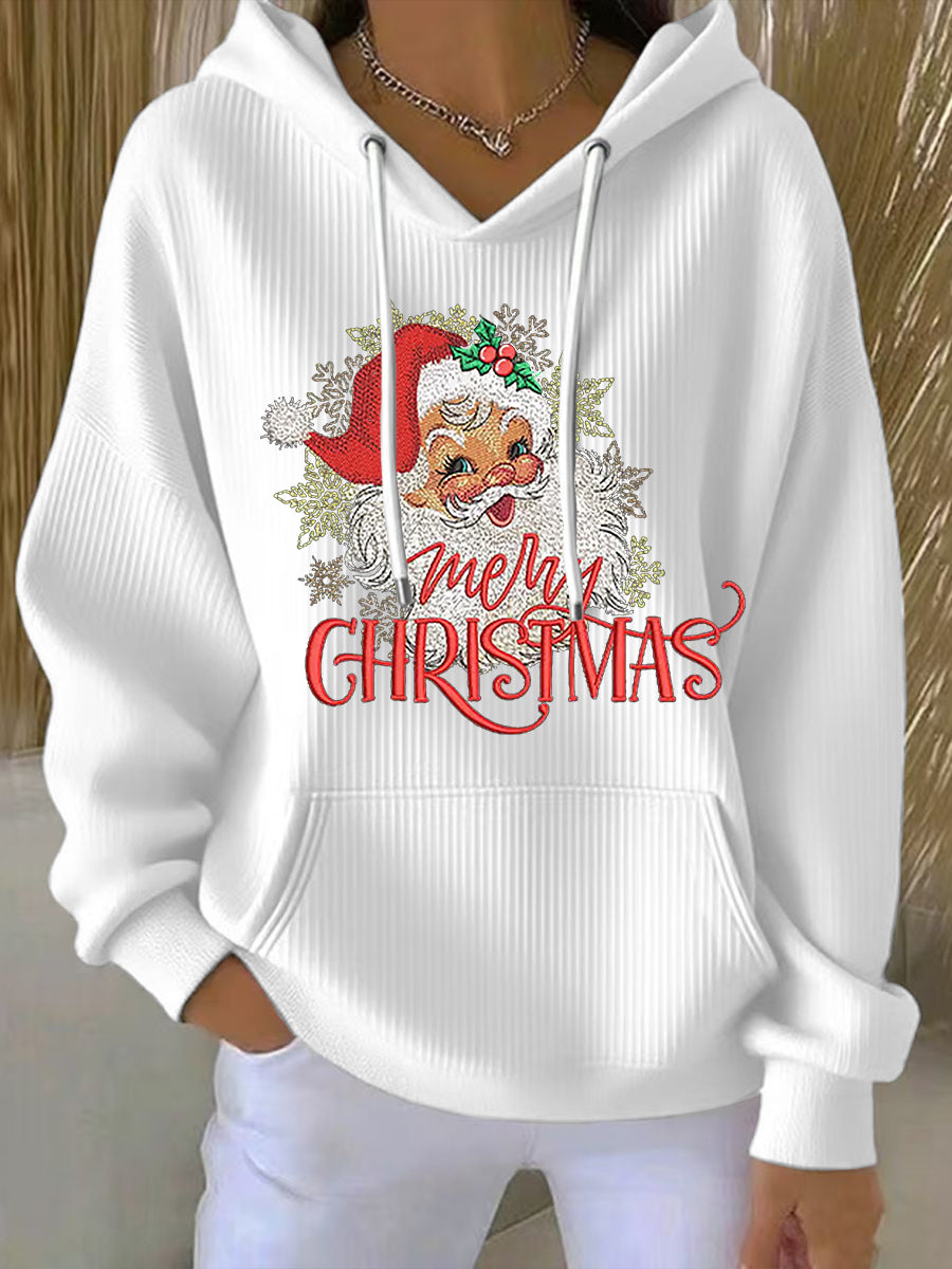 Sweat à Capuche Côtelé à Imprimé Père Noël pour Femme
