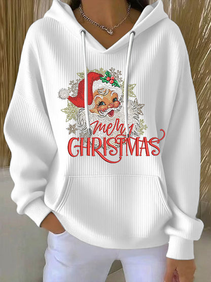 Sweat à Capuche Côtelé à Imprimé Père Noël pour Femme