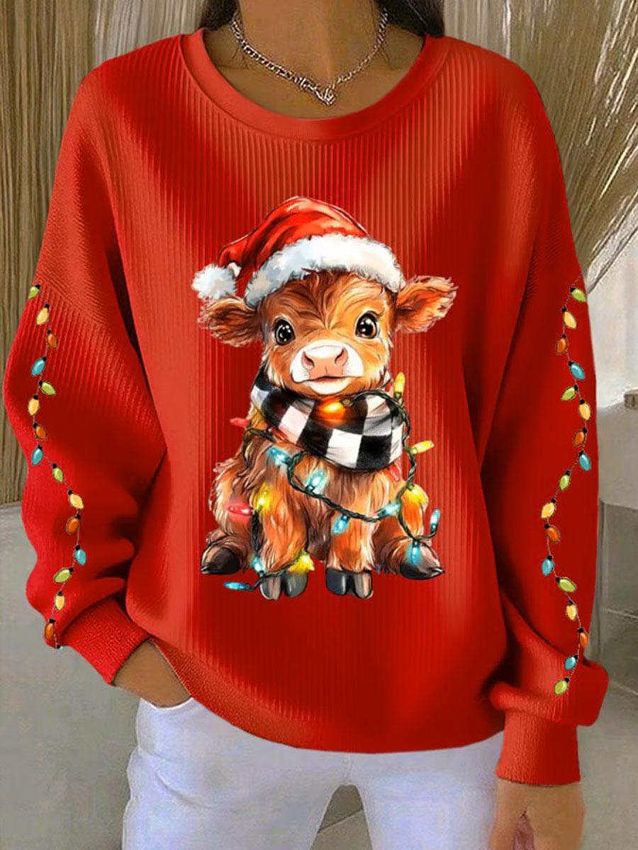 Sweatshirt à col rond côtelé Christmas Highland Cow Femme