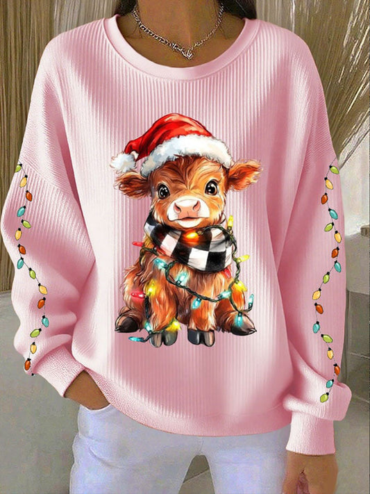 Sweatshirt à col rond côtelé Christmas Highland Cow Femme