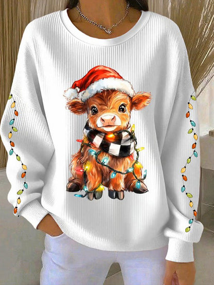 Sweatshirt à col rond côtelé Christmas Highland Cow Femme