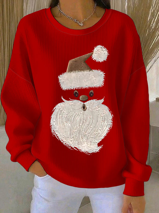 Sweat-shirt Femme Côtelé Imprimé Père Noël à Col Rond