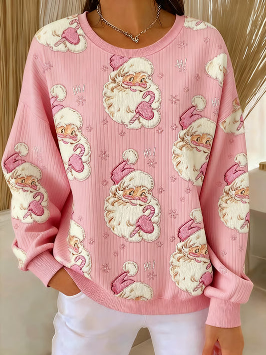 Sweat-shirt Femme Côtelé Imprimé Père Noël à Col Rond