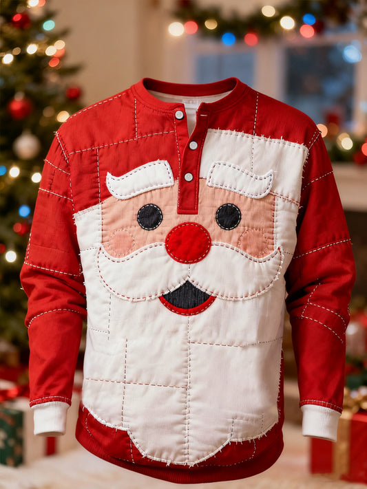 Les hommes de Noël Père Noël Patchwork Imprimer Boutons Casual Sweatshirt