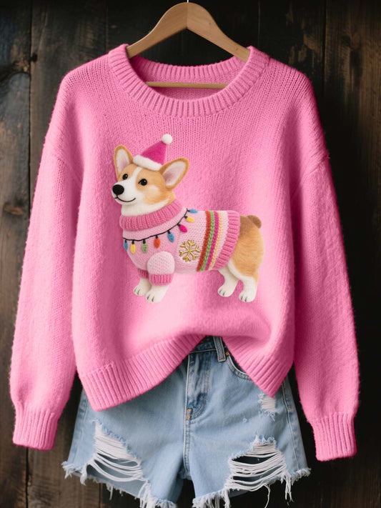 Noël Corgi chien feutre Art confortable tricot pull femme