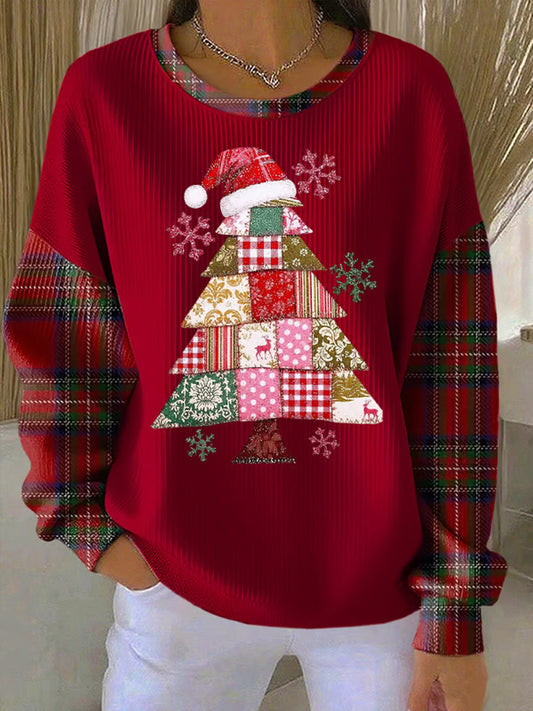 Sweat-shirt Femme Imprimé Arbre de Noël Côtelé à Col Rond