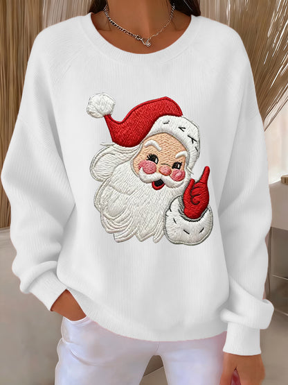 Noël Père Noël Art Imprimer Côtelé Col Rond Sweatshirt Femme