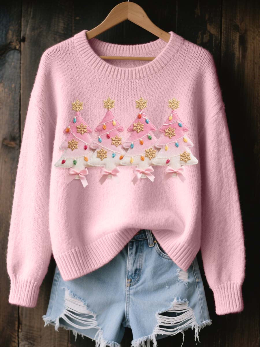 Pull Femme Rose Motif Arbre De Noël Cozy En Tricot