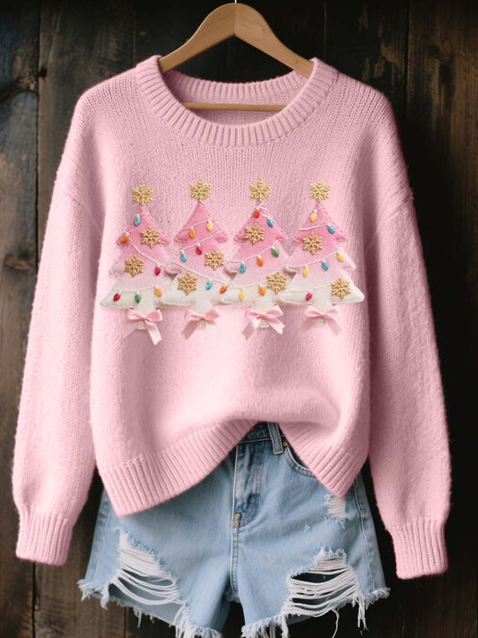 Pull Femme Rose Motif Arbre De Noël Cozy En Tricot