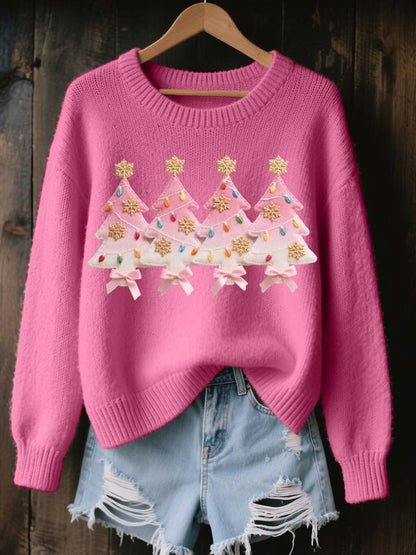 Pull Femme Rose Motif Arbre De Noël Cozy En Tricot