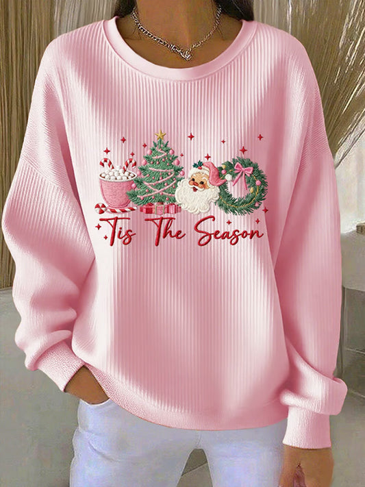 Sweat Femme Joyeux Noël Père Noël Arbre de Noël Imprimé Côtelé Col Rond