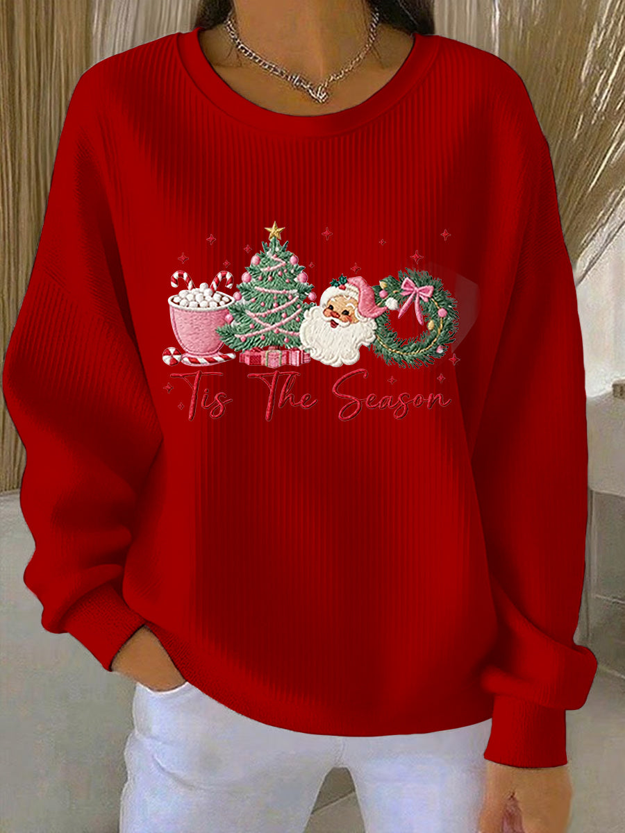 Sweat Femme Joyeux Noël Père Noël Arbre de Noël Imprimé Côtelé Col Rond