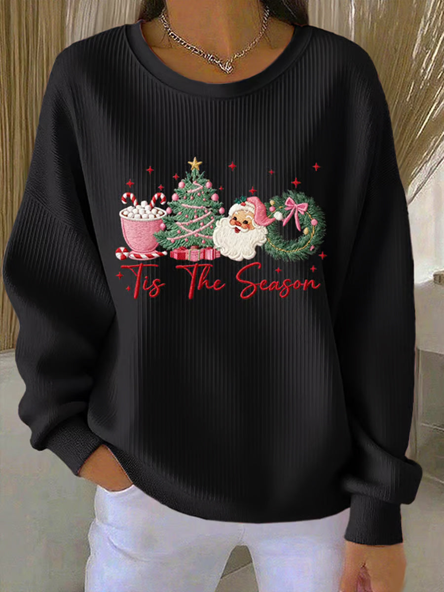 Sweat Femme Joyeux Noël Père Noël Arbre de Noël Imprimé Côtelé Col Rond