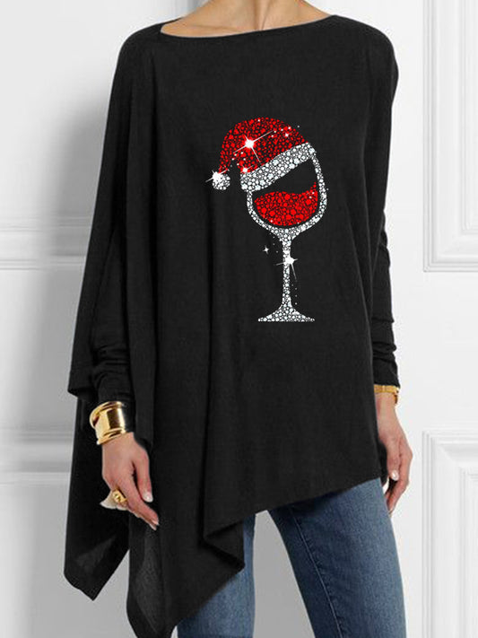 Haut irrégulier décontracté à imprimé de verre à vin rouge de Noël pour femmes