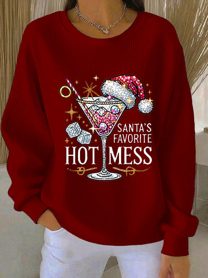 Sweat-shirt décontracté côtelé imprimé Hot Mess préféré du Père Noël pour femmes