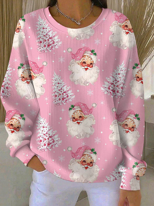 Arbre de Noël Père Noël Imprimer Côtelé Col Rond Sweatshirt Femme