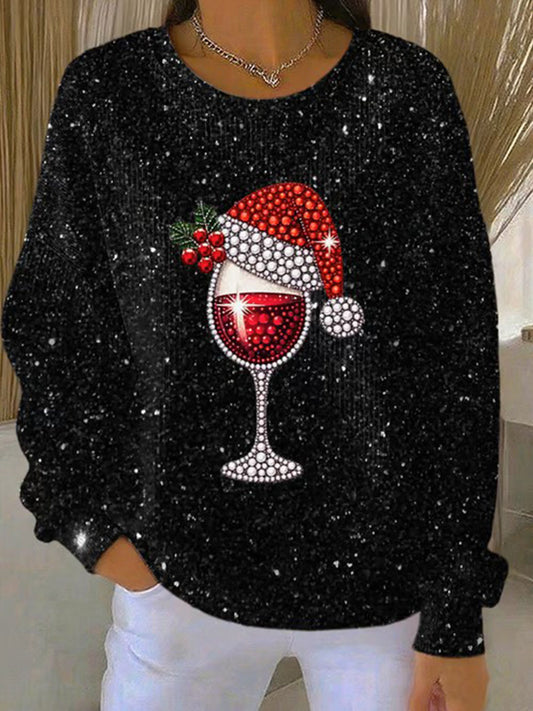 Sweat-shirt Femme Noël Rouge Verre à Vin Côtelé à Col Rond