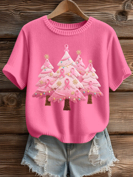 Haut en tricot confortable brodé d'arbre de Noël rose pour femmes