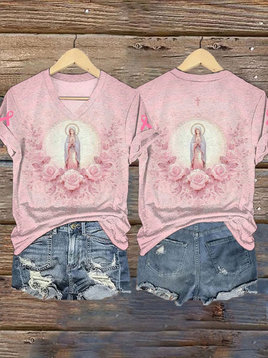 T-shirt à manches courtes pour femmes Virgin Mary Rose Breast Cancer Awareness