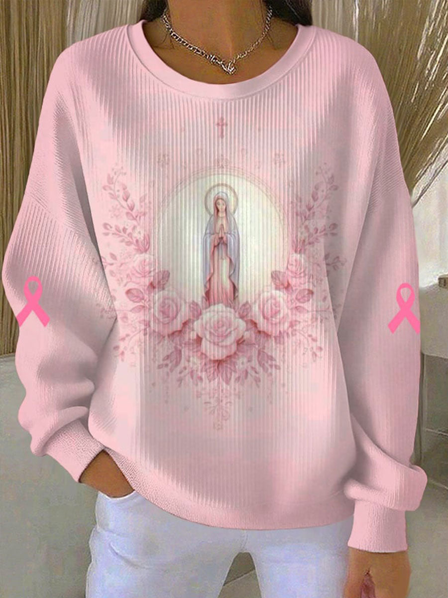 Virgin Mary femmes rose cancer du sein sensibilisation côtelé col rond Sweatshirt