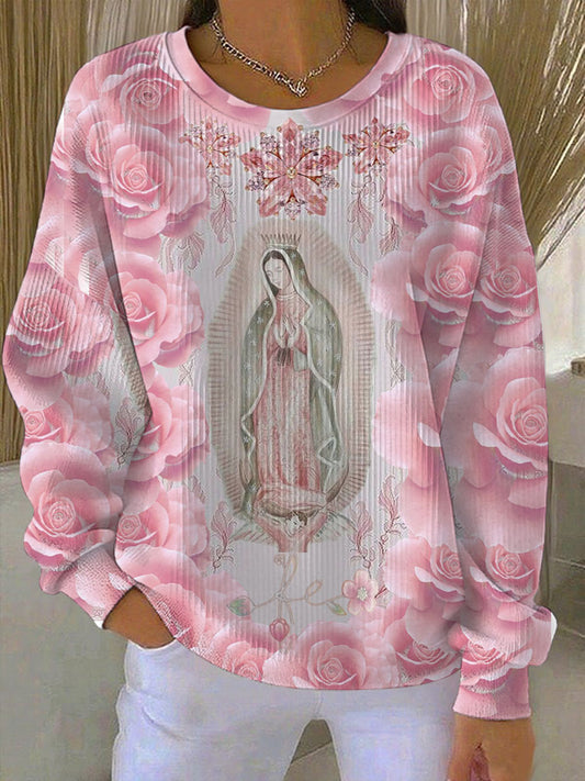 Virgin Mary femmes rose cancer du sein sensibilisation côtelé col rond Sweatshirt