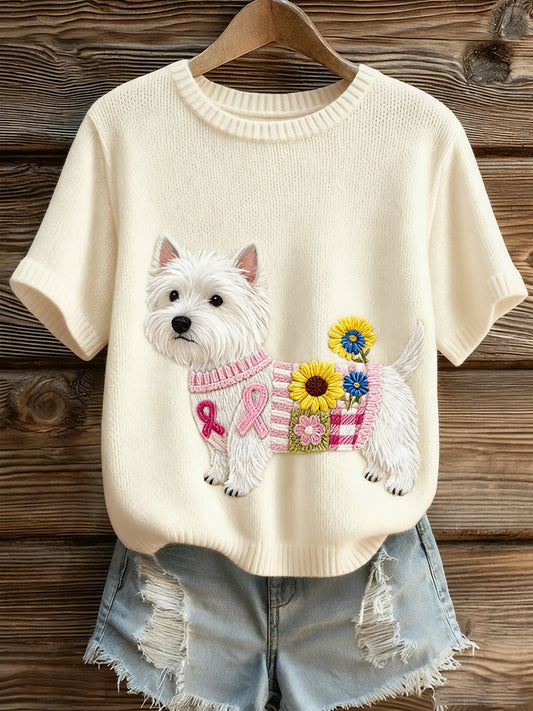 Top à manches courtes en tricot confortable imprimé animal artistique pour femmes