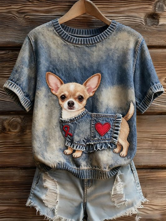 Top à manches courtes en tricot confortable imprimé animal artistique pour femmes