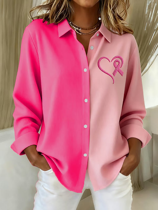 Chemise décontractée imprimée ruban rose sensibilisation au cancer du sein pour femmes