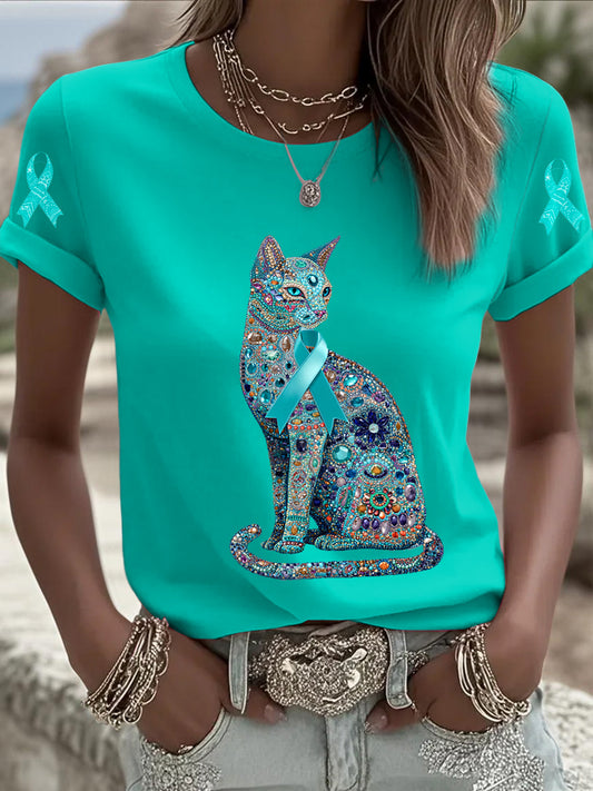 Cancer de l'ovaire chat imprimé mode Vintage lâche T-shirt à manches courtes femmes