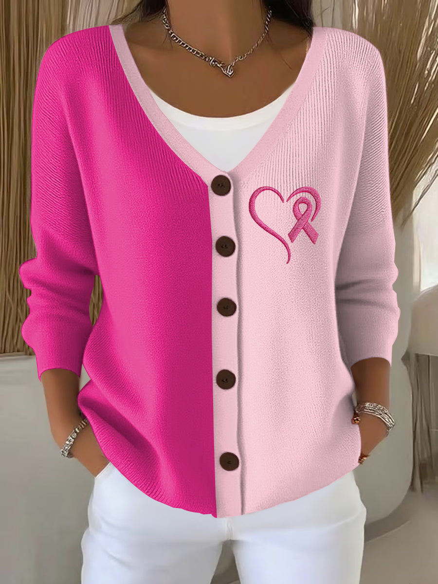 Cardigan Décontracté Femme Rose Ruban Imprimé Sensibilisation au Cancer du Sein