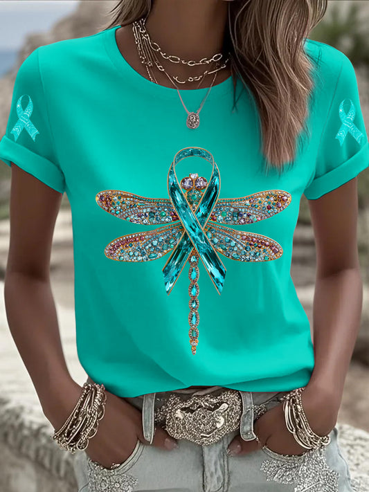 Femmes Cancer de l'ovaire libellule imprimé mode Vintage lâche T-shirt à manches courtes