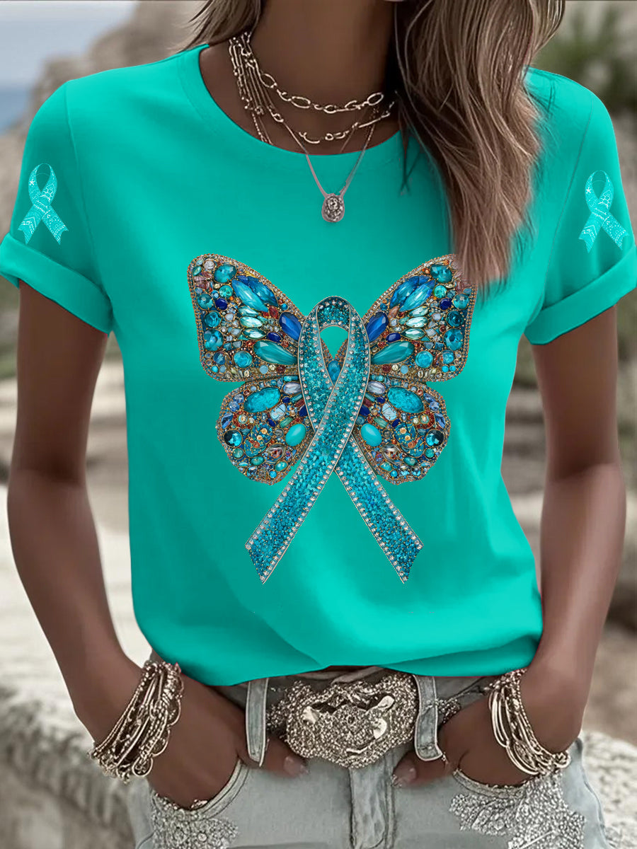Le cancer de l'ovaire des femmes papillon imprimé mode Vintage lâche T-shirt à manches courtes