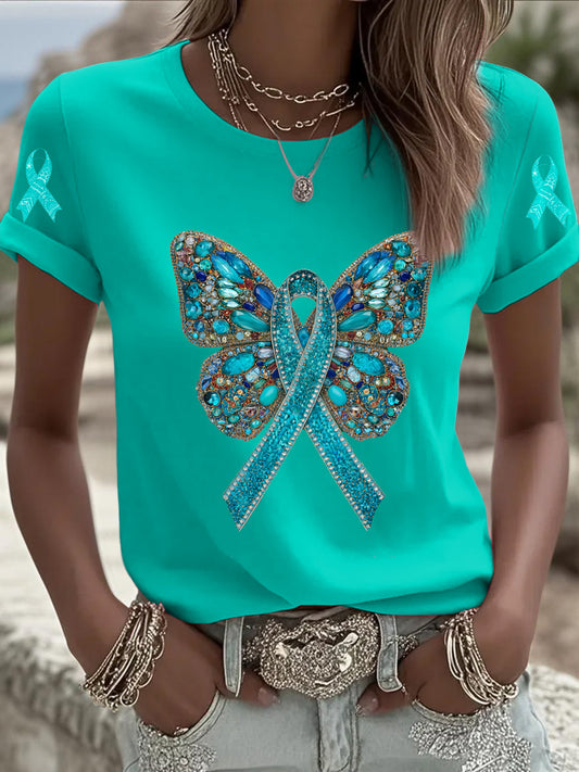 Le cancer de l'ovaire des femmes papillon imprimé mode Vintage lâche T-shirt à manches courtes