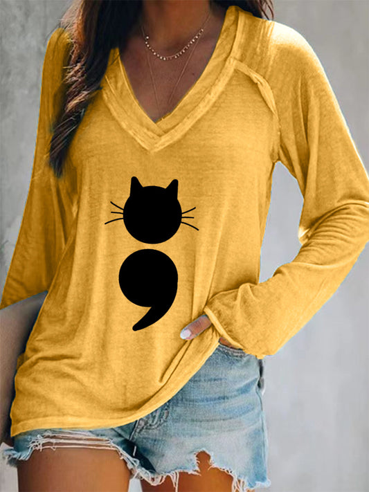 T-shirt à manches longues Cat Print V-Neck pour femmes