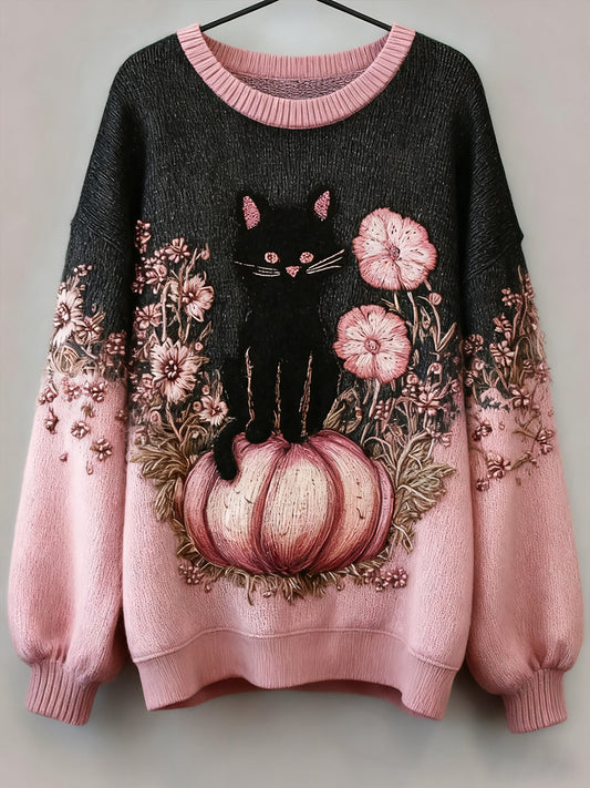 Sweatshirt Femme Noir Chat Et Rose Citrouille Art Floral
