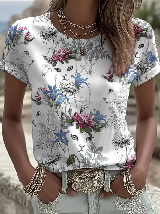 T-shirt à manches courtes imprimé chat floral pour femmes