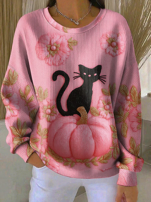 Sweat-shirt Femme Côtelé Imprimé Chat Floral à Col Rond