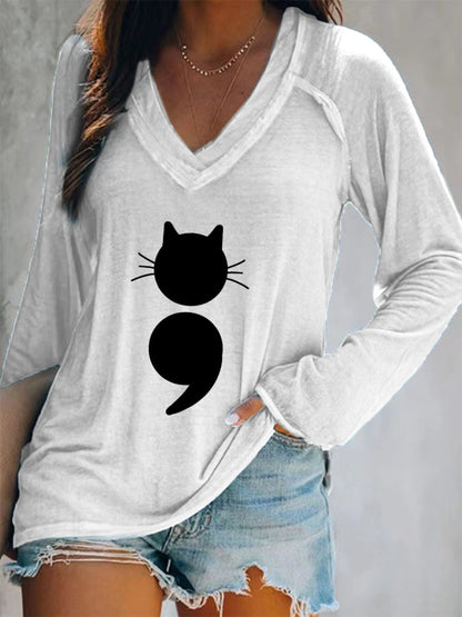 T-shirt à manches longues Cat Print V-Neck pour femmes